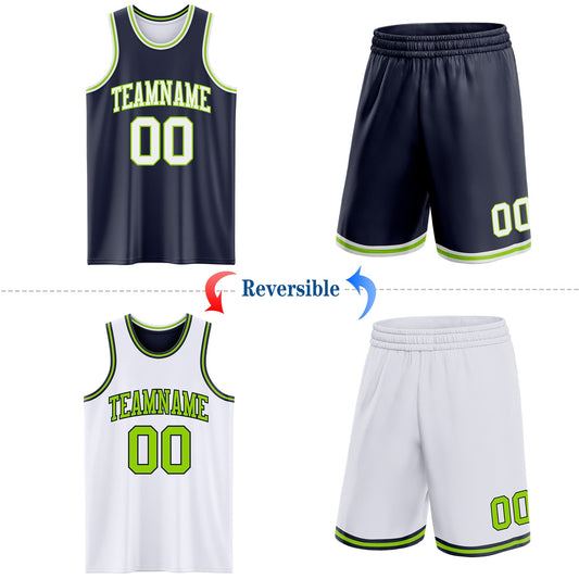 Custom Navy White-Neon Green Reversible Double Side Sublimation Basketball Suit Jersey