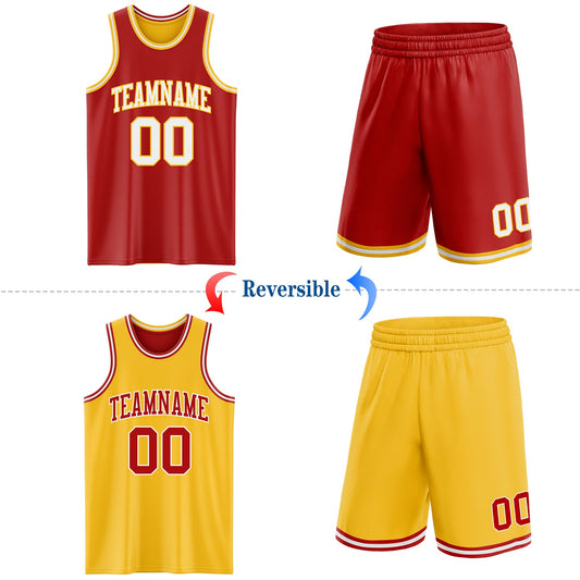 Custom Red White-Gold Reversible Double Side Sublimation Basketball Suit Jersey