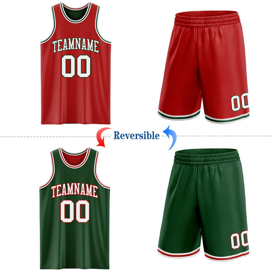 Custom Red White-Green Reversible Double Side Sublimation Basketball Suit Jersey
