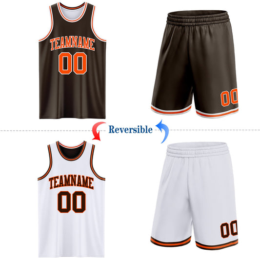 Custom Brown Orange-White Reversible Double Side Sublimation Basketball Suit Jersey