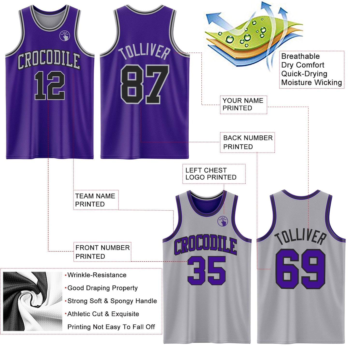 Custom Purple Black-Gray Reversible Double Side Sublimation Basketball Suit Jersey