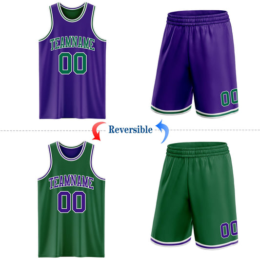 Custom Purple Kelly Green-White Reversible Double Side Sublimation Basketball Suit Jersey
