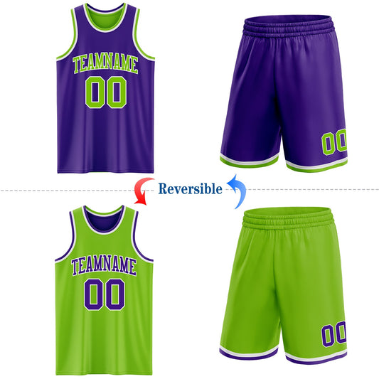 Custom Purple Neon Green-White Reversible Double Side Sublimation Basketball Suit Jersey