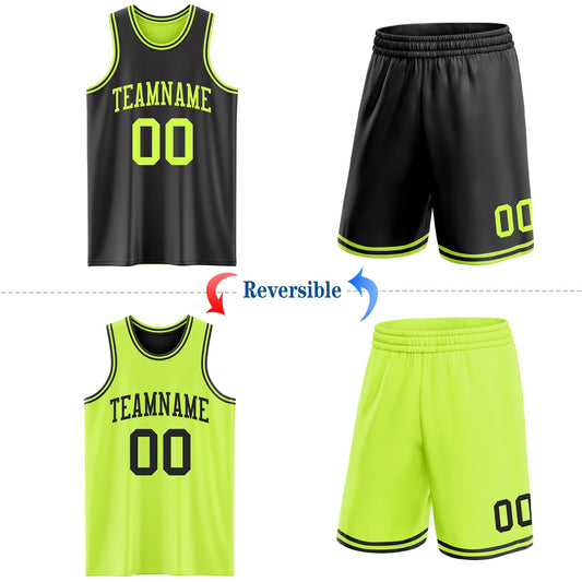 Custom Reversible Black Neon Green Double Side Sublimation Basketball Suit Jersey