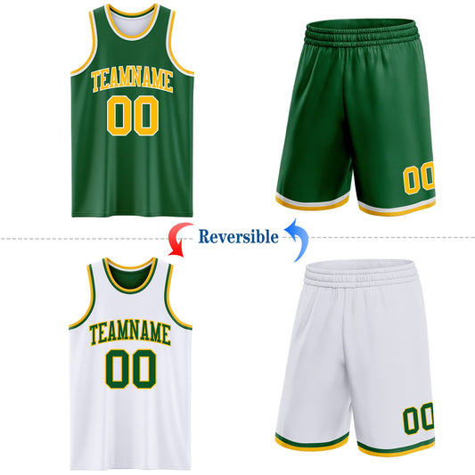 Custom Reversible Kelly Green Gold-White Double Side Sublimation Basketball Suit Jersey