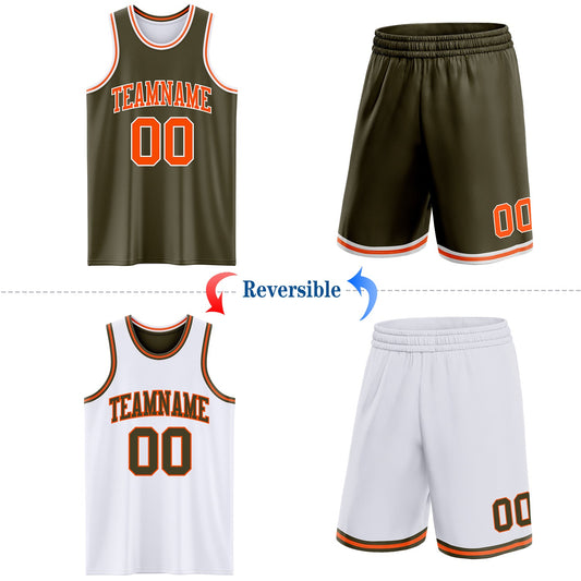 Custom Reversible Olive Orange-White Double Side Salute To Service Sublimation Basketball Suit Jersey