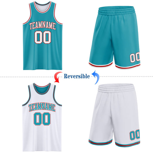 Custom Reversible Teal White-Red Double Side Sublimation Basketball Suit Jersey