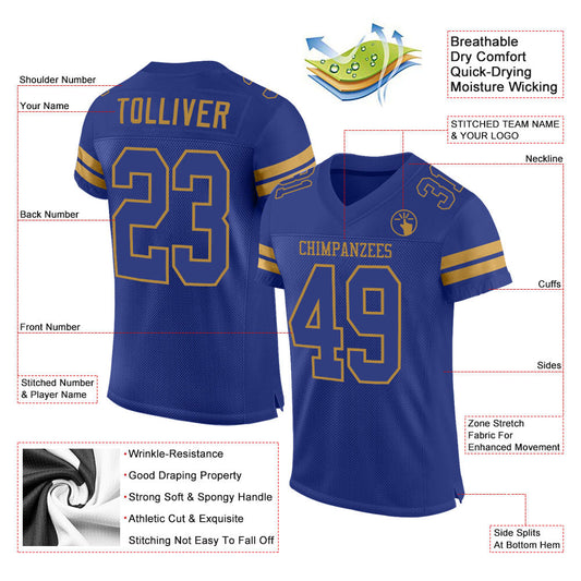 Custom Royal Royal-Old Gold Mesh Authentic Football Jersey