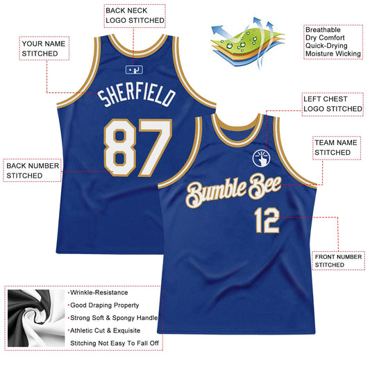 Custom Royal White-Old Gold Authentic Throwback Basketball Jersey