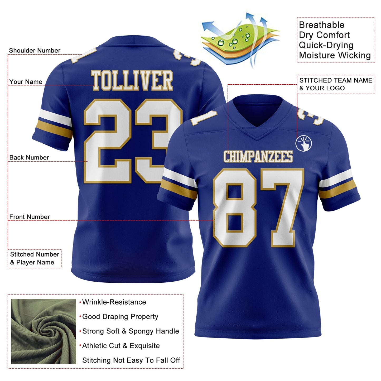 Custom Royal White-Old Gold Mesh Authentic Football Jersey