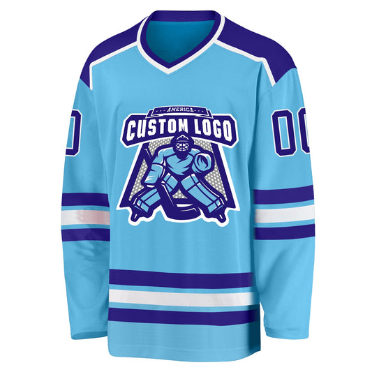 Custom Sky Blue Dark Purple-White Hockey Jersey