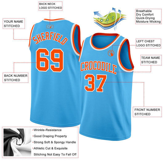 Custom Sky Blue Orange-White Authentic Basketball Jersey
