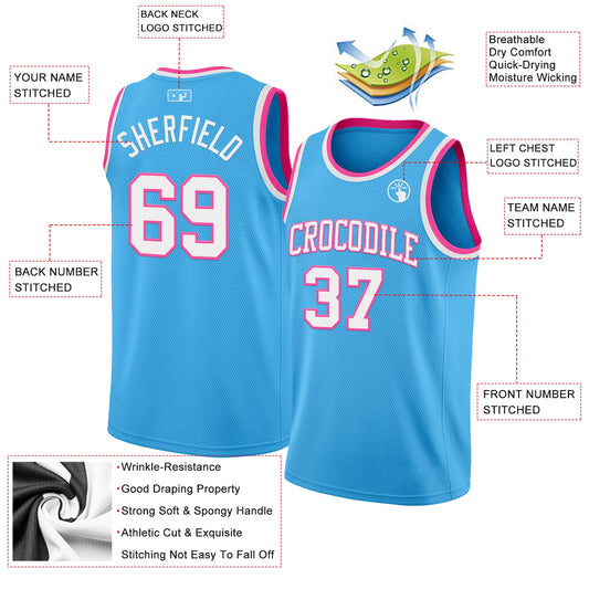 Custom Sky Blue White-Pink Authentic Basketball Jersey