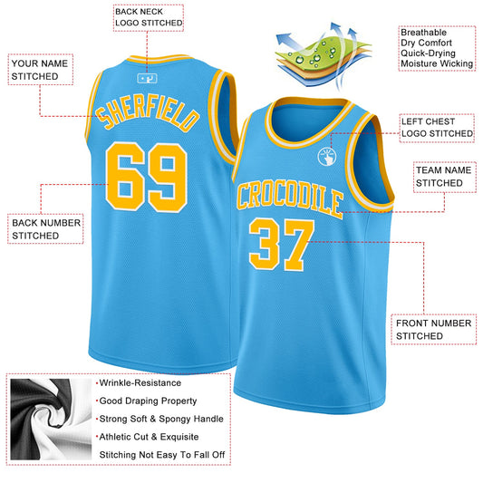 Custom Sky Blue Gold-White Authentic Basketball Jersey