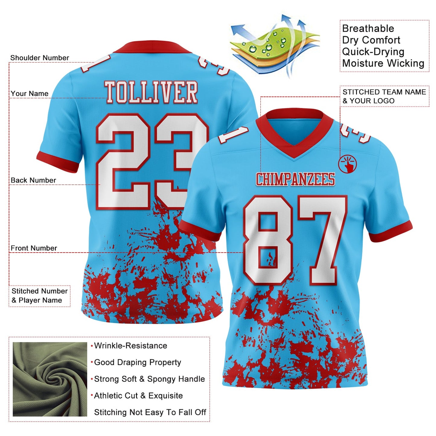 Custom Sky Blue White-Red Splash Mesh Authentic Football Jersey