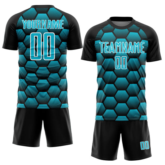 Custom Black Lakes Blue-White Hexagons Pattern Sublimation Soccer Uniform Jersey