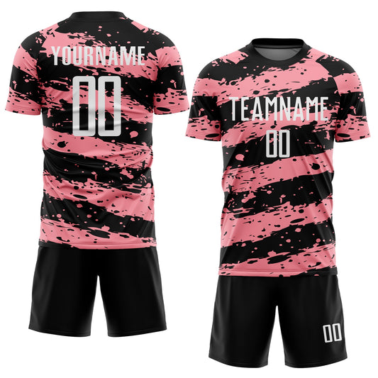 Custom Black White-Medium Pink Splash Sublimation Soccer Uniform Jersey