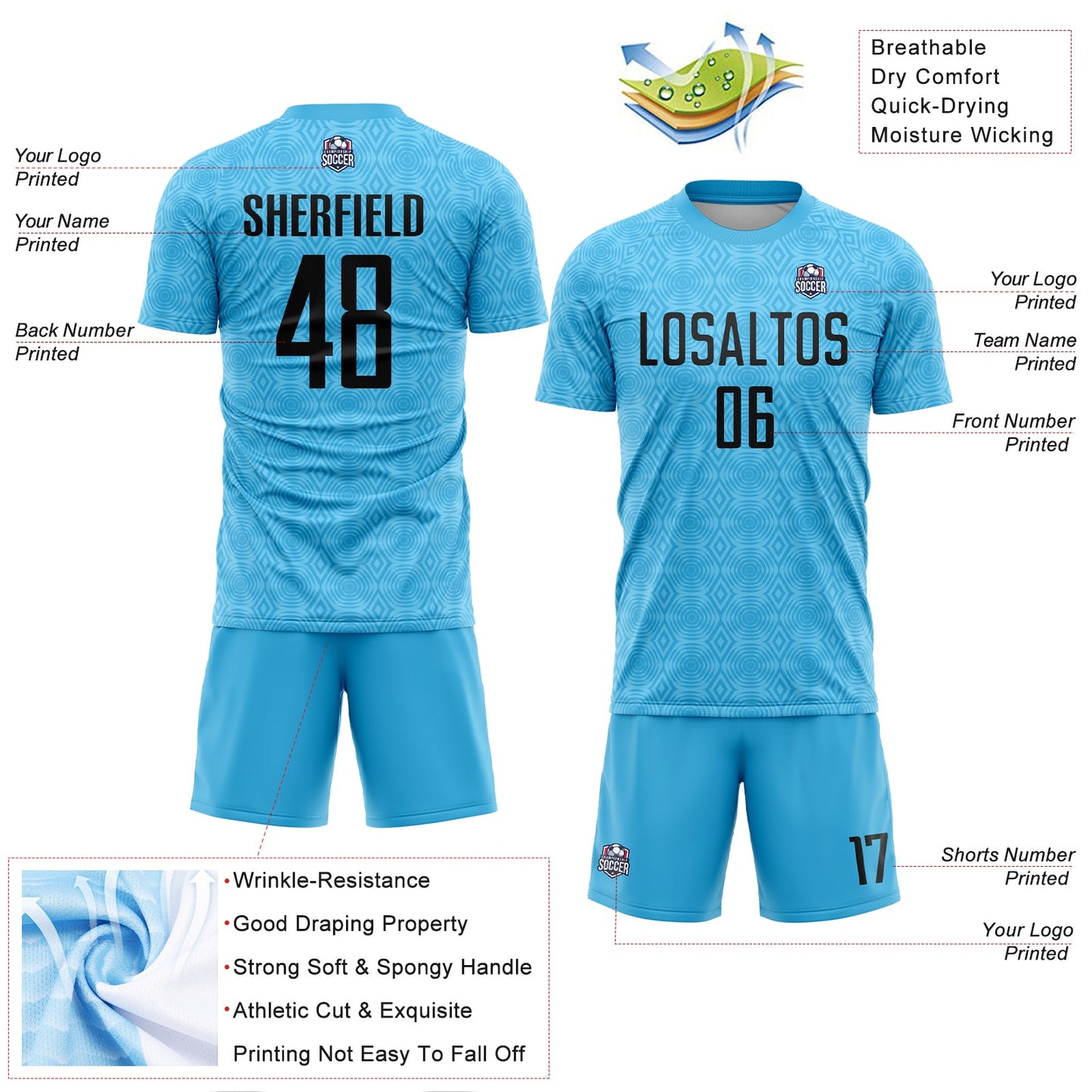 Custom Sky Blue Black Geometric Shapes Sublimation Soccer Uniform Jersey