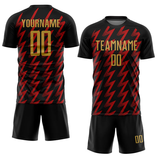 Custom Black Old Gold-Red Zigzag Shape Sublimation Soccer Uniform Jersey