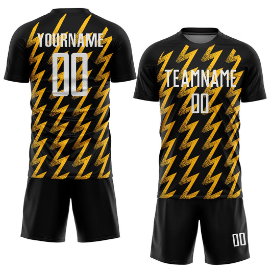 Custom Black White-Gold Zigzag Shape Sublimation Soccer Uniform Jersey