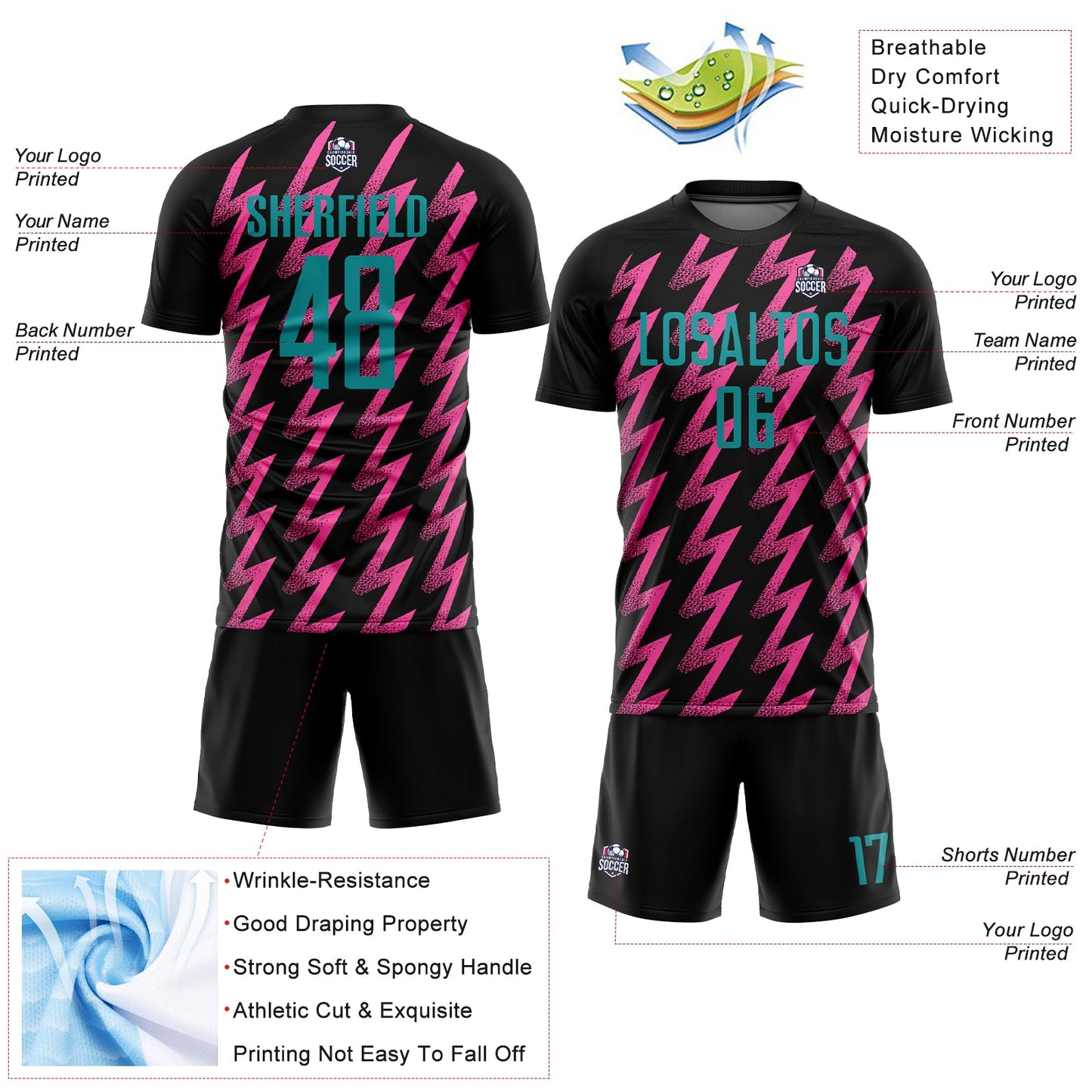 Custom Black Teal-Pink Zigzag Shape Sublimation Soccer Uniform Jersey