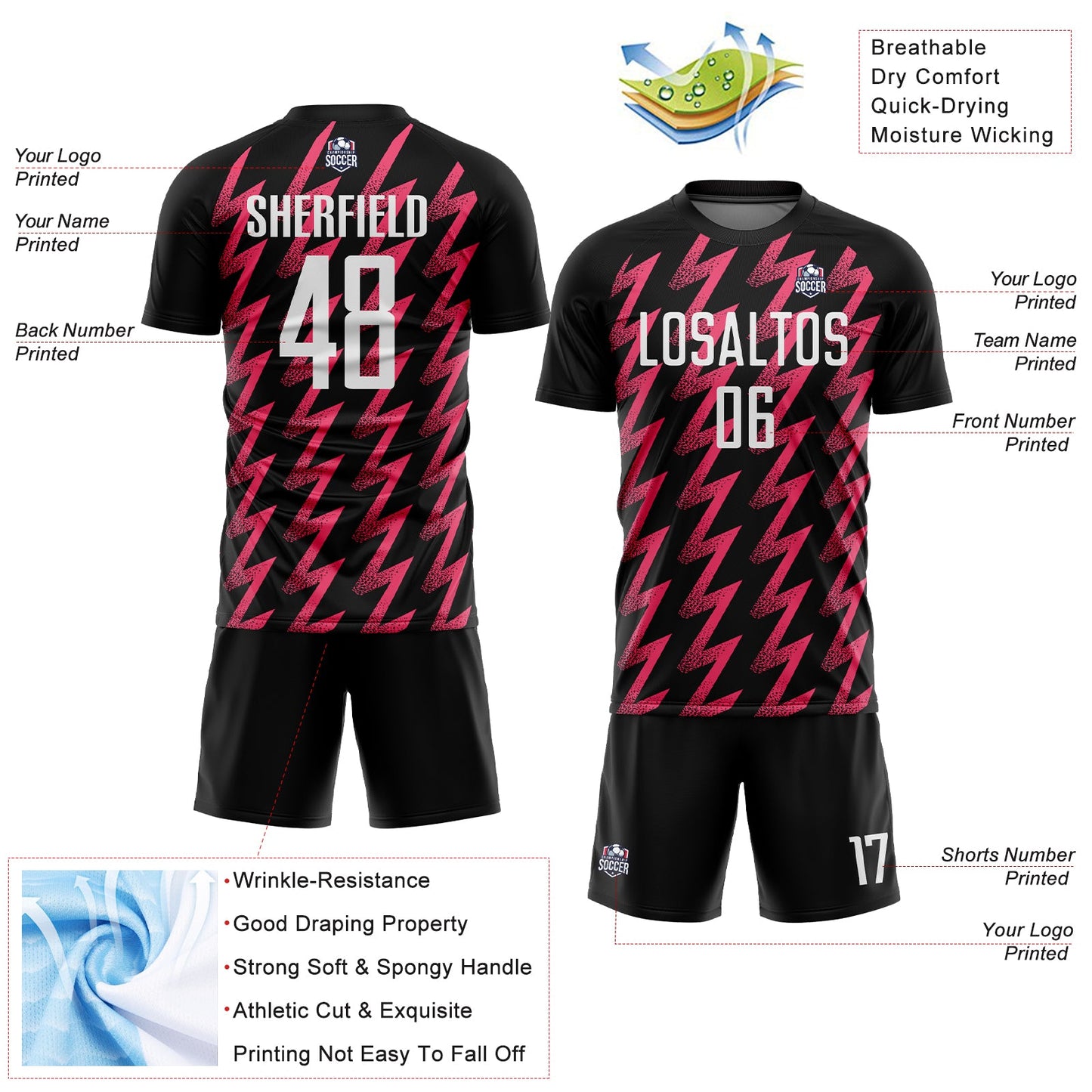 Custom Black White-Neon Pink Zigzag Shape Sublimation Soccer Uniform Jersey
