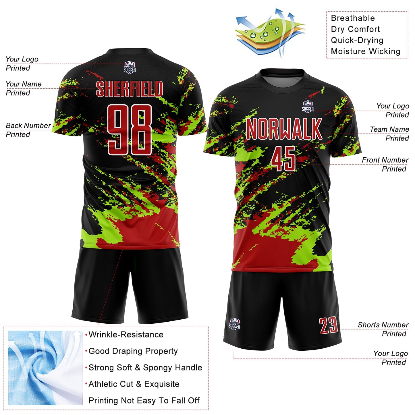 Custom Black Red-Neon Green Abstract Fragment Art Splash Sublimation Soccer Uniform Jersey
