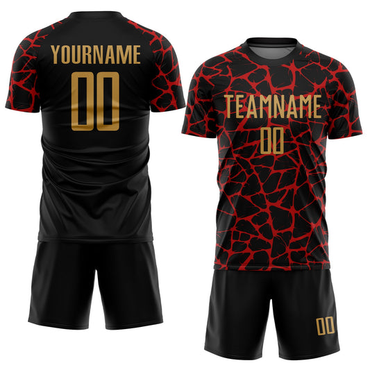 Custom Black Old Gold-Red Abstract Network Splash Sublimation Soccer Uniform Jersey