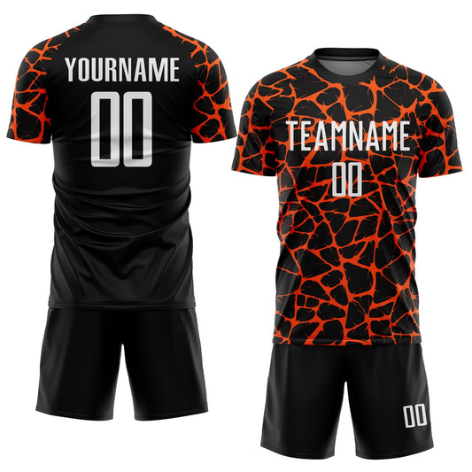 Custom Black White-Orange Abstract Network Splash Sublimation Soccer Uniform Jersey