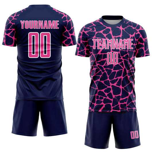 Custom Navy Pink-White Abstract Network Splash Sublimation Soccer Uniform Jersey