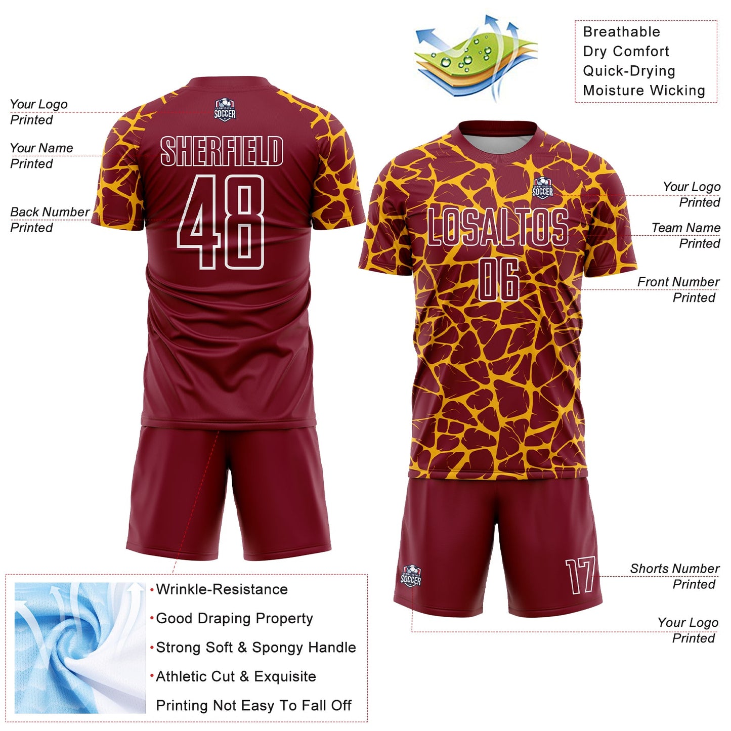 Custom Crimson Gold-White Abstract Network Splash Sublimation Soccer Uniform Jersey