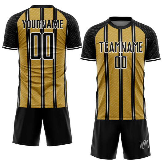 Custom Black Old Gold-White Line Sublimation Soccer Uniform Jersey