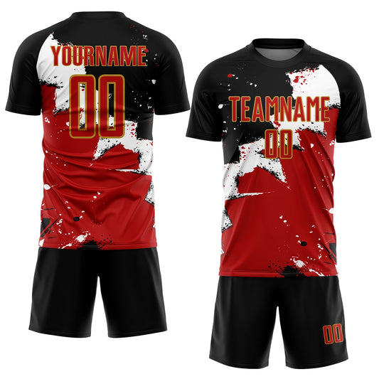 Custom Black Red-Old Gold Splash Sublimation Soccer Uniform Jersey