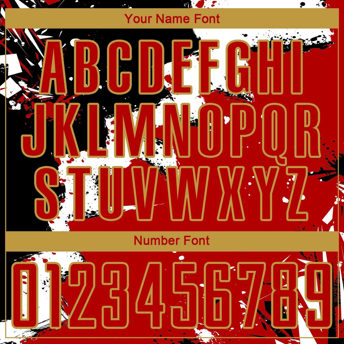 Custom Black Red-Old Gold Splash Sublimation Soccer Uniform Jersey