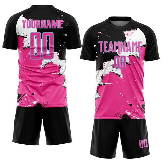 Custom Black Pink-Light Blue Splash Sublimation Soccer Uniform Jersey