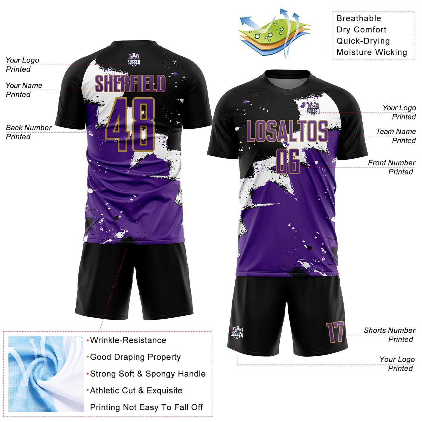 Custom Black Purple-Old Gold Splash Sublimation Soccer Uniform Jersey