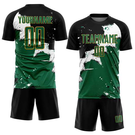 Custom Black Kelly Green-Old Gold Splash Sublimation Soccer Uniform Jersey