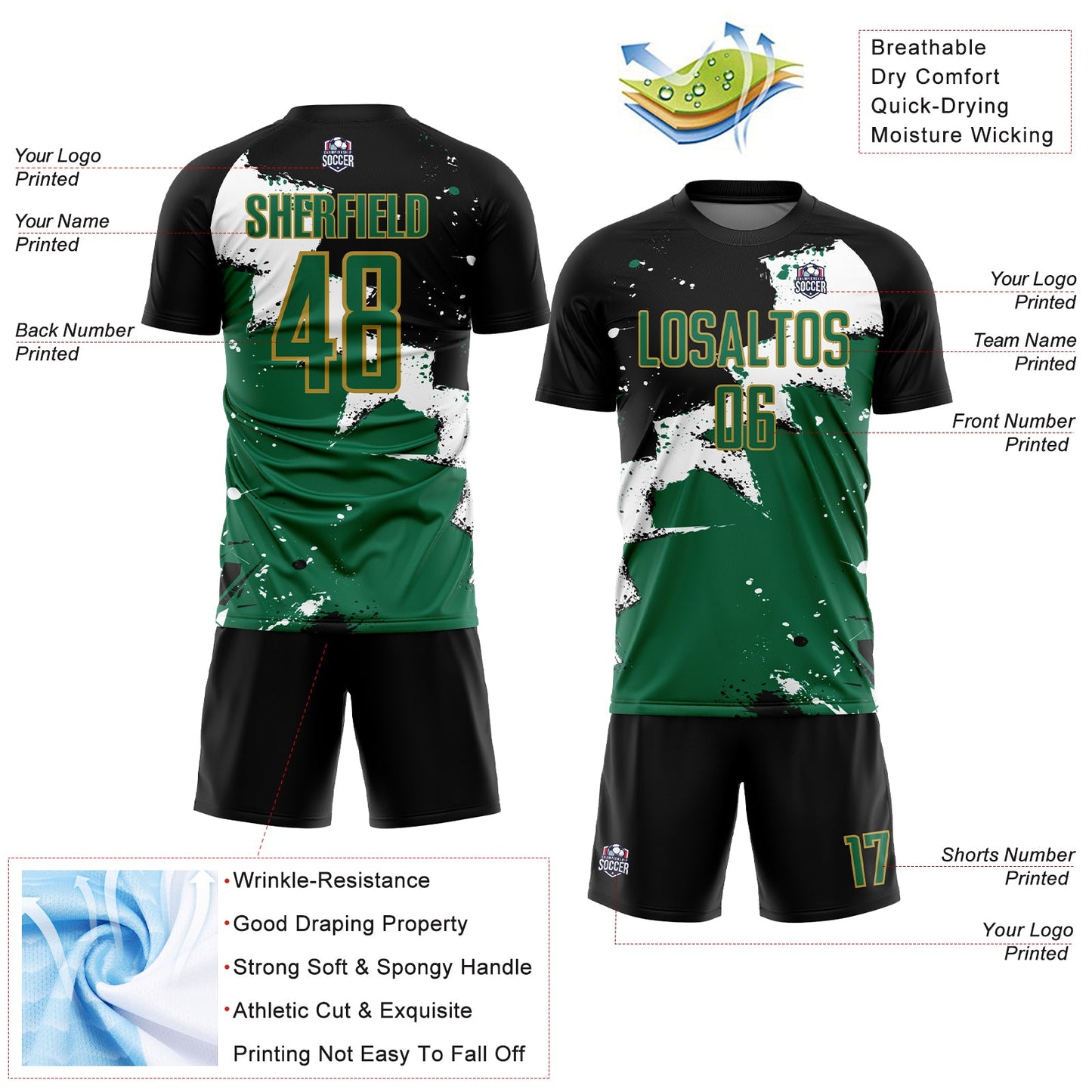 Custom Black Kelly Green-Old Gold Splash Sublimation Soccer Uniform Jersey