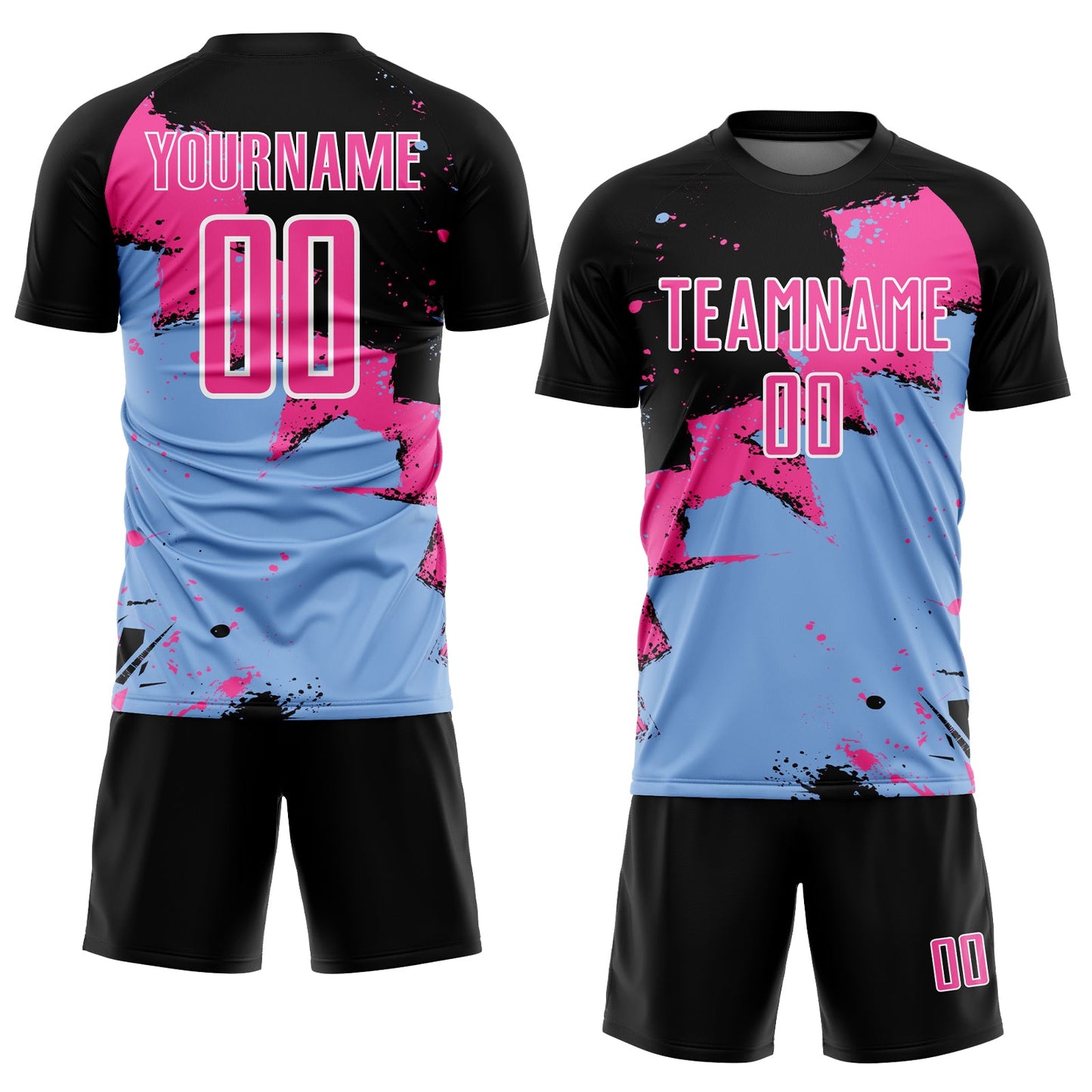 Custom Black Pink-Light Blue Splash Sublimation Soccer Uniform Jersey