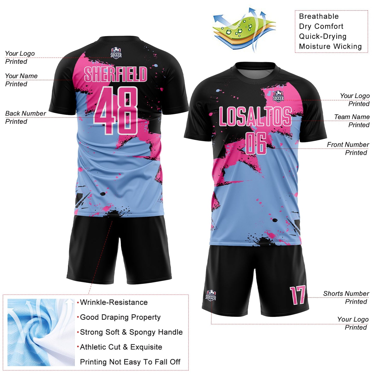 Custom Black Pink-Light Blue Splash Sublimation Soccer Uniform Jersey