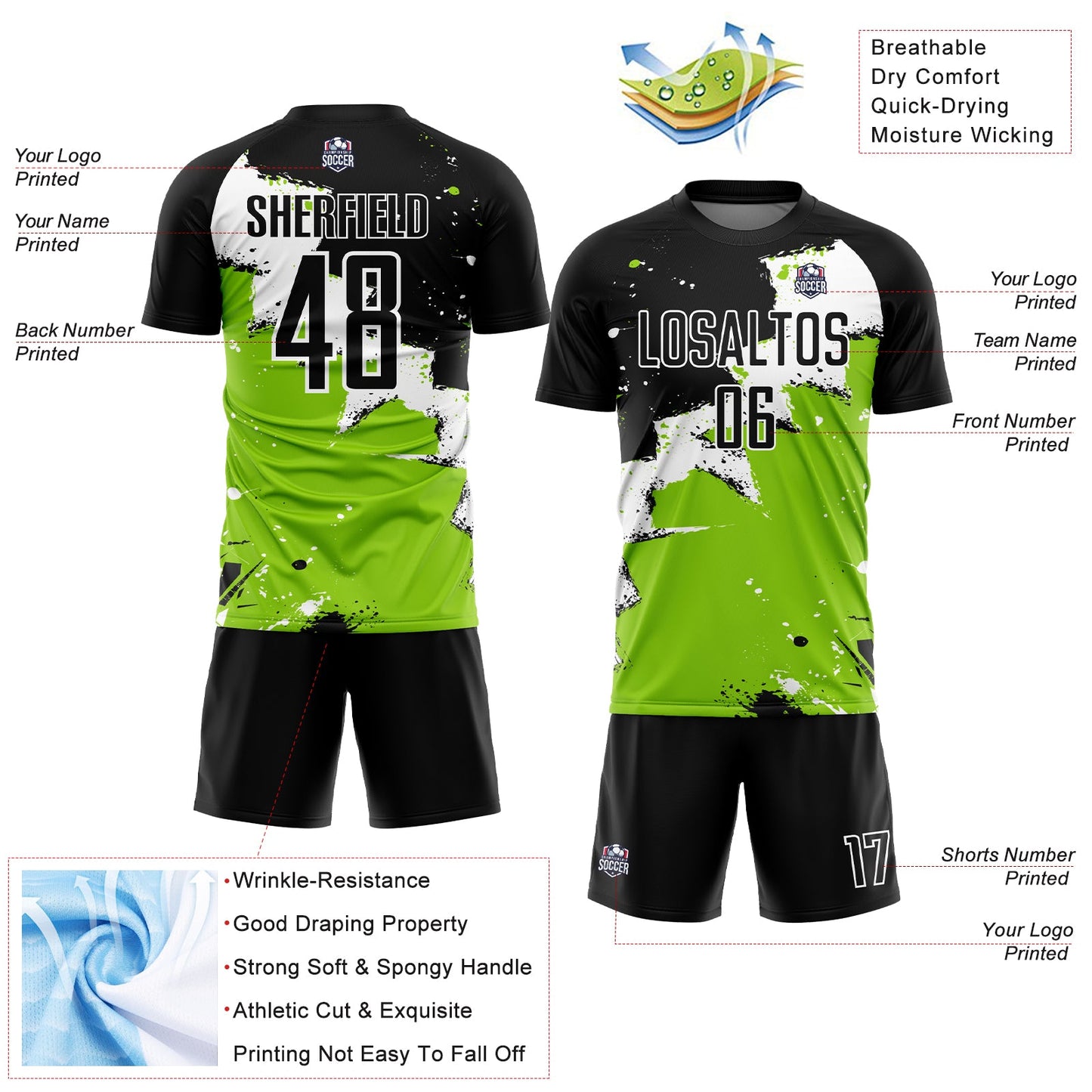 Custom Black White-Neon Green Splash Sublimation Soccer Uniform Jersey