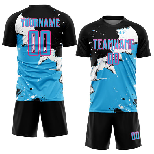 Custom Black Sky Blue-Pink Splash Sublimation Soccer Uniform Jersey
