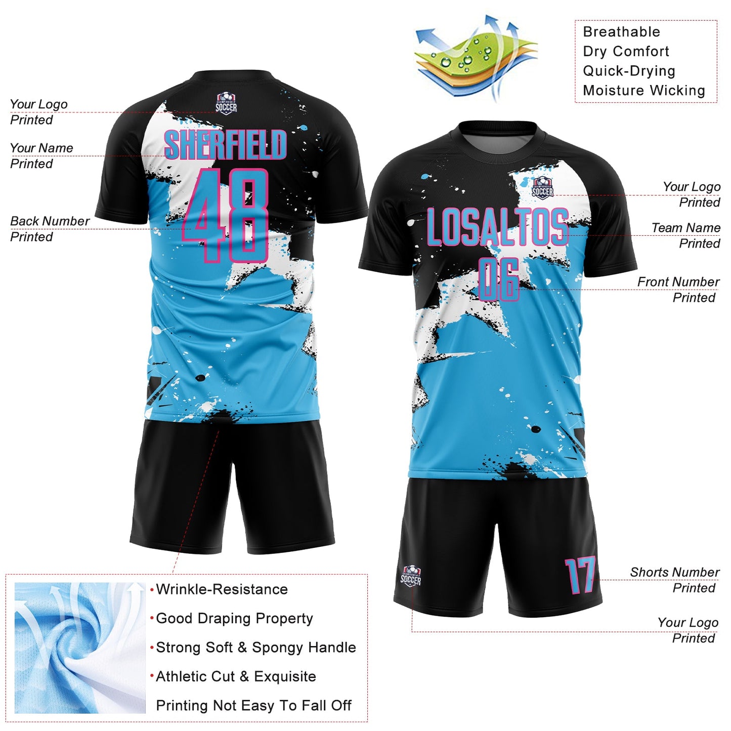 Custom Black Sky Blue-Pink Splash Sublimation Soccer Uniform Jersey
