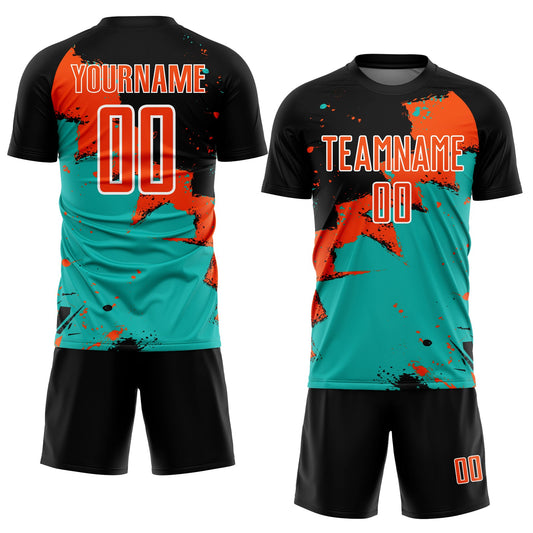 Custom Black Orange-Aqua Splash Sublimation Soccer Uniform Jersey