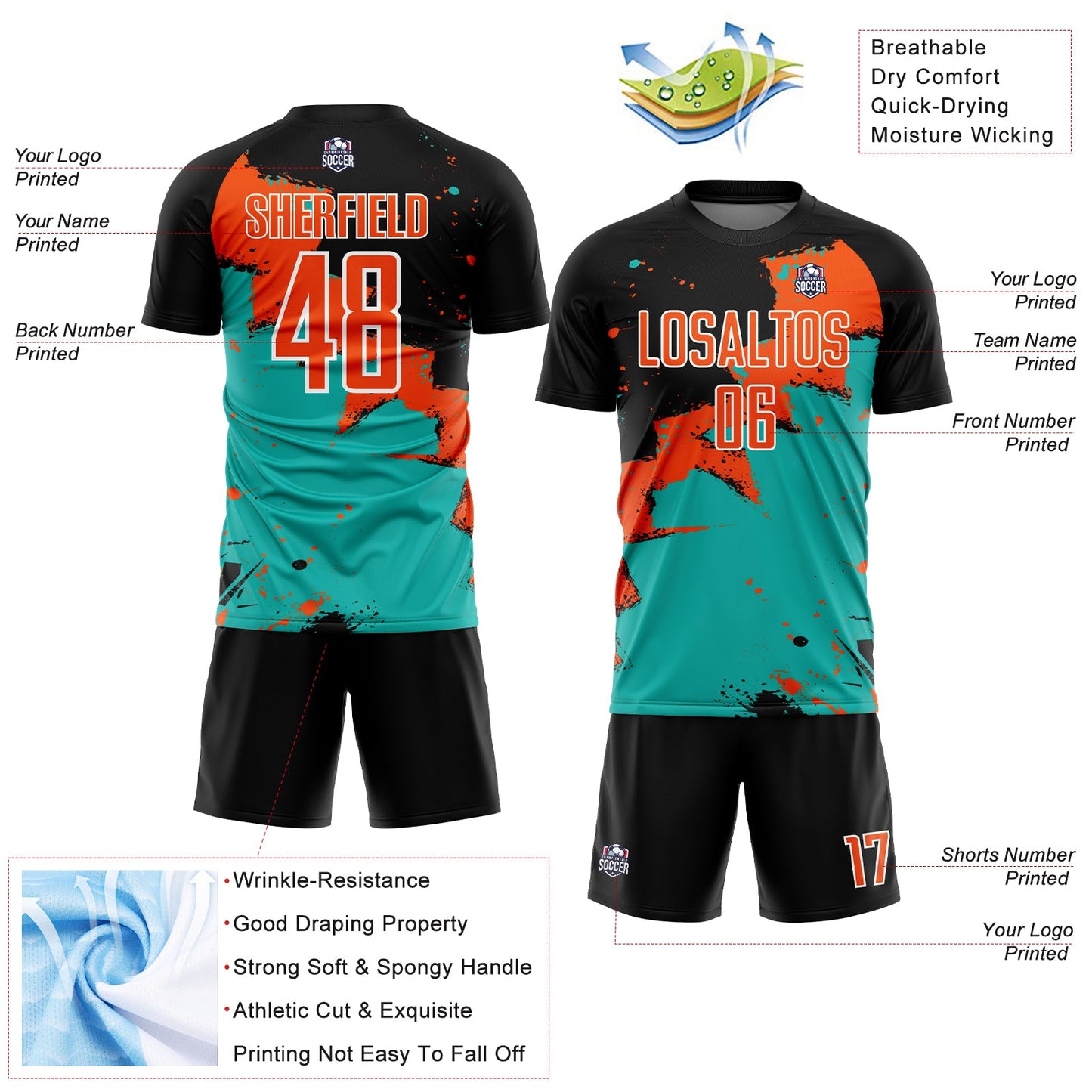 Custom Black Orange-Aqua Splash Sublimation Soccer Uniform Jersey