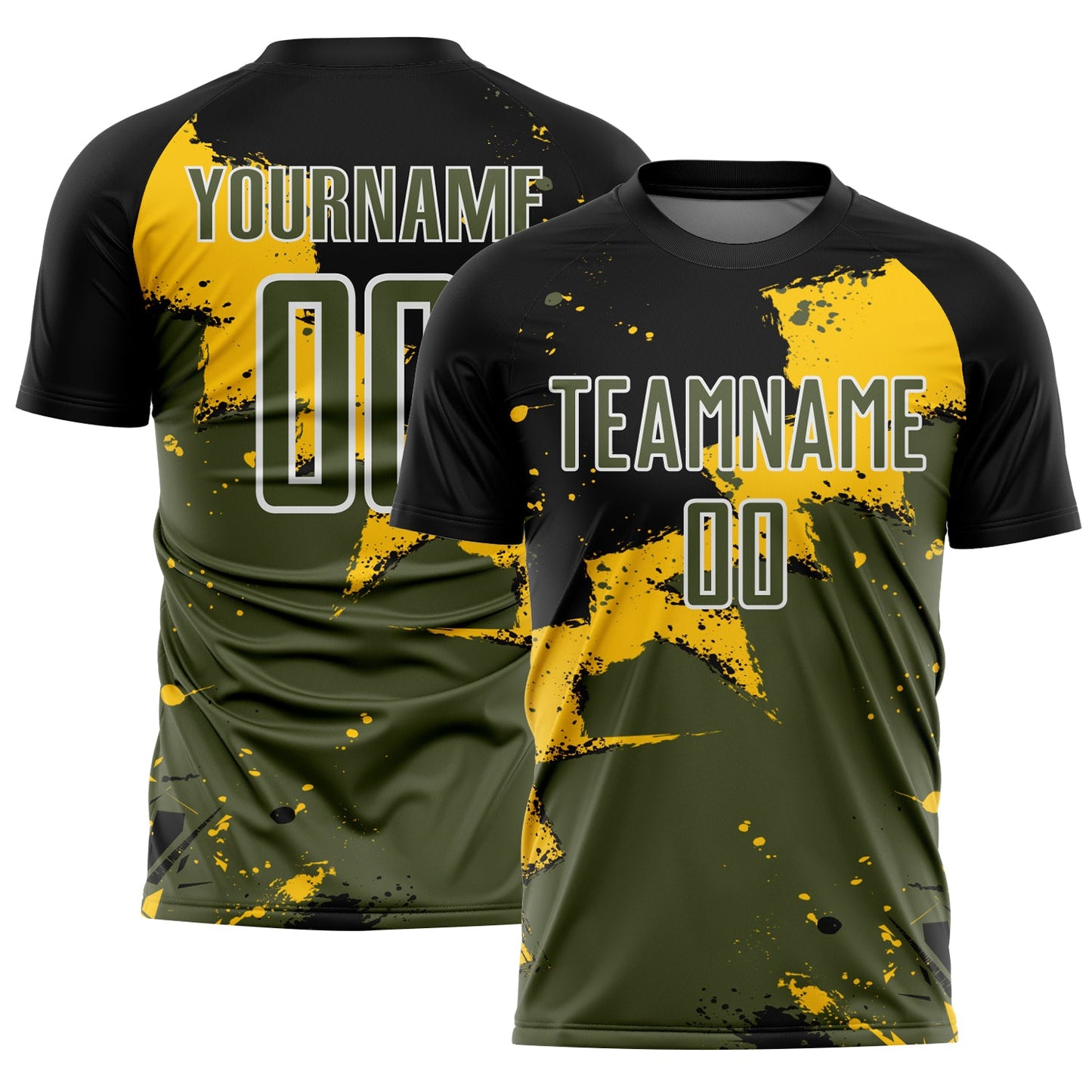 Custom Black Olive-Yellow Splash Sublimation Soccer Uniform Jersey