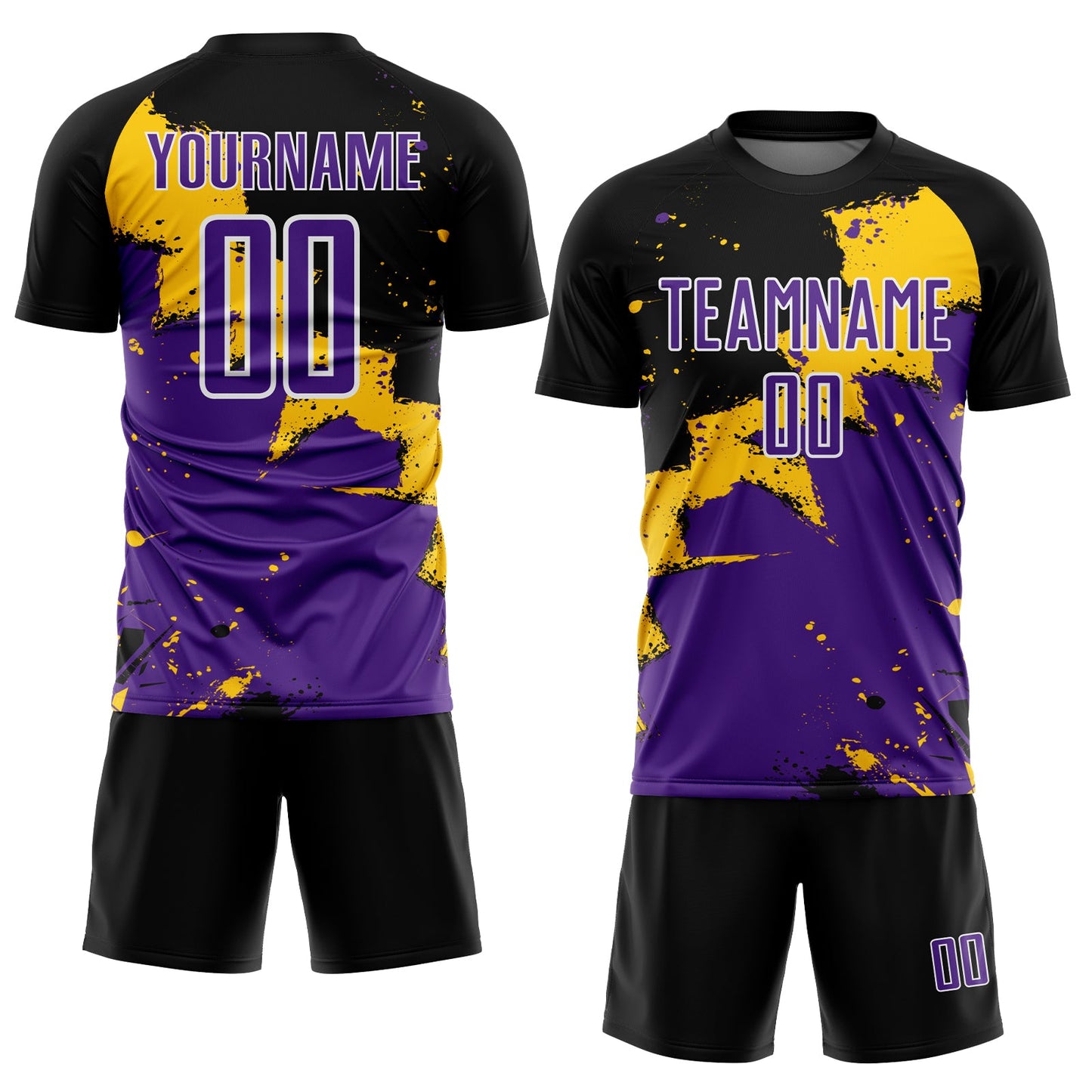 Custom Black Purple-Yellow Splash Sublimation Soccer Uniform Jersey