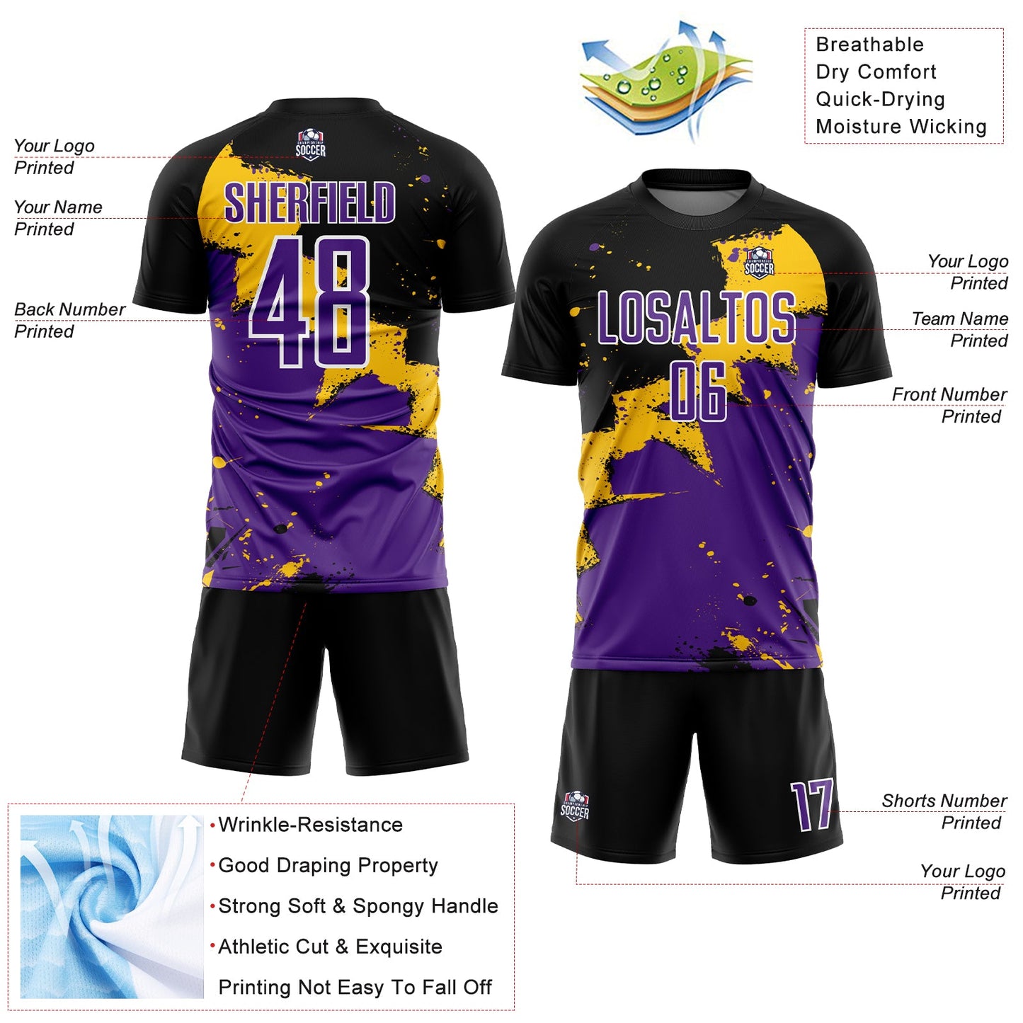 Custom Black Purple-Yellow Splash Sublimation Soccer Uniform Jersey