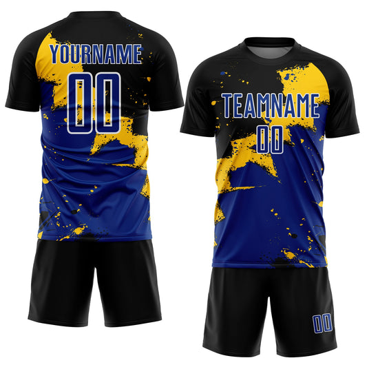 Custom Black Royal-Yellow Splash Sublimation Soccer Uniform Jersey