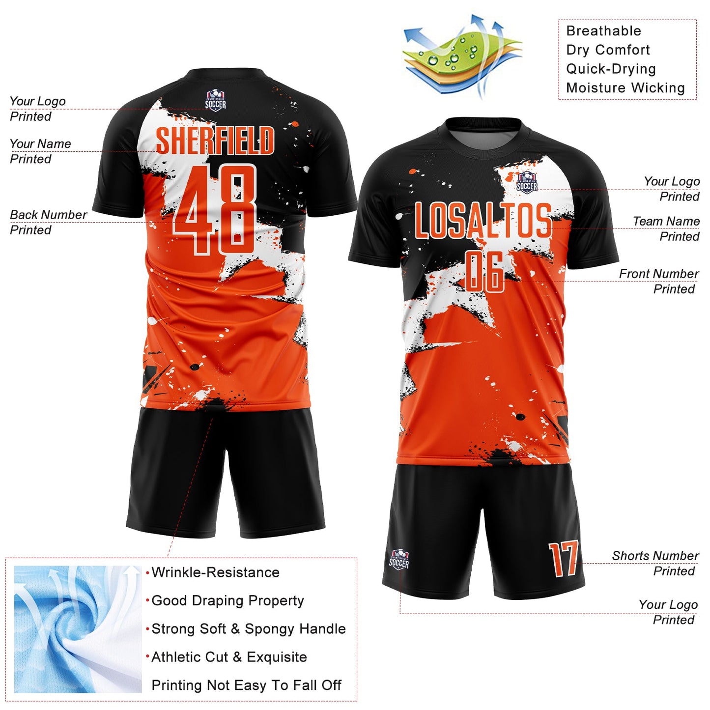 Custom Black Orange-White Splash Sublimation Soccer Uniform Jersey